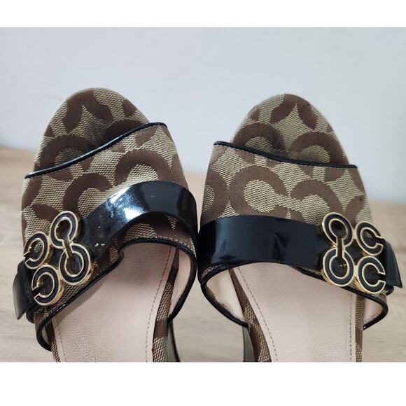 Coach Geri Brown Canvas Patent Leather Wedge 3.5" Heel Sandals Women Size 6.5 B - Picture 10 of 13